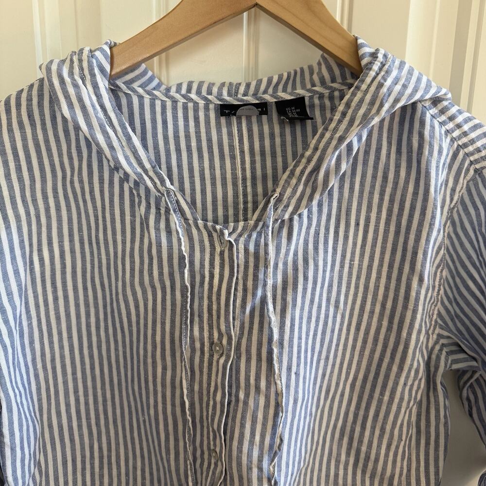 Tahari 100% Linen Tunic Blouse Blue Stripe Women’s Size Medium Has Hood - Picture 3 of 9
